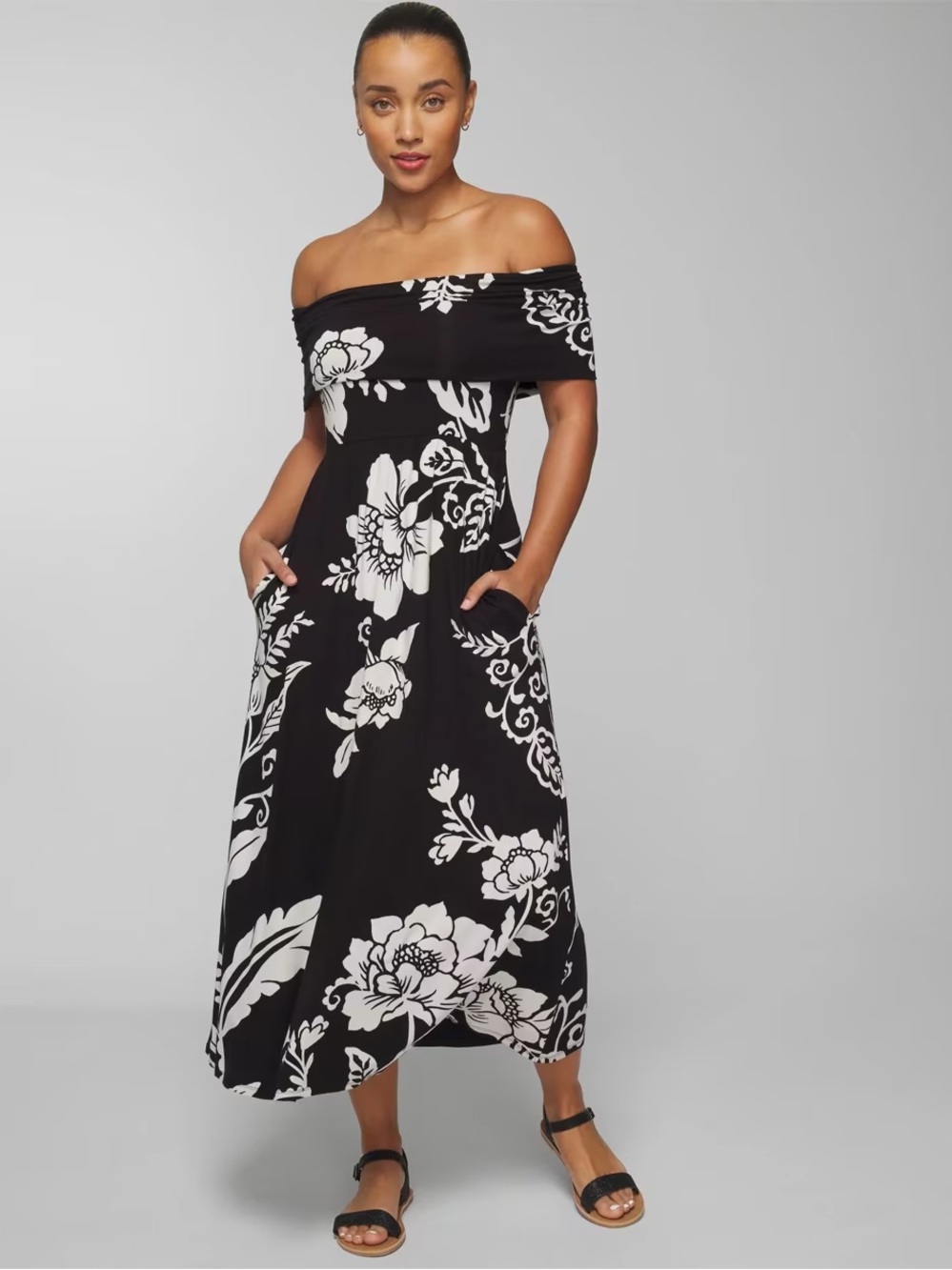 SOMA Off-Shoulder Black and White Floral midi bra Dress